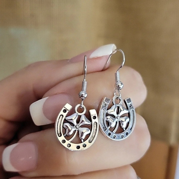 Lucky Horseshoe and Clover Charm Drop Earrings - Picture 1 of 6